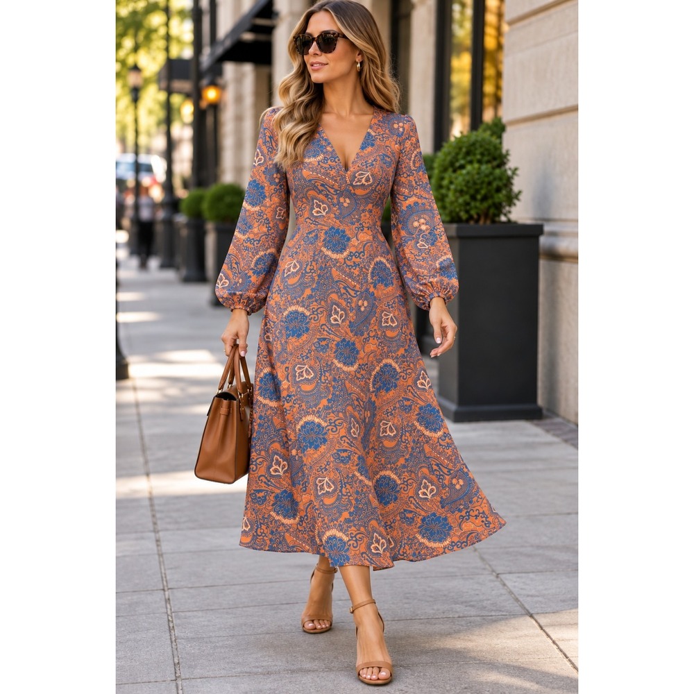 Momonì silk Designer Luxury dress orange and blue paisley floral print Size